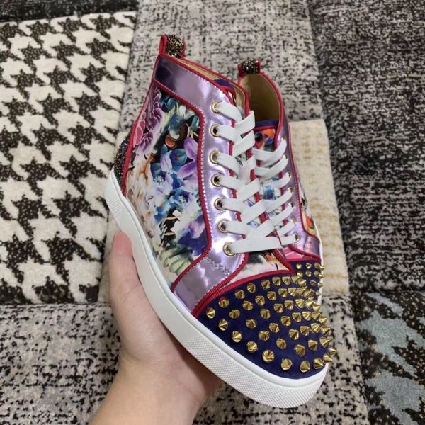 

high-spikes sneakers for mens women walking flat new-stylish flower leather studs casual walking,red bottom skateboard shoes s01, Black