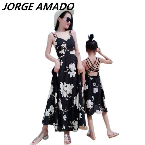 

monther daughter dress 2020 summer new black white flower backless slip dress for beach parent-child clothing outfit e21893, Blue