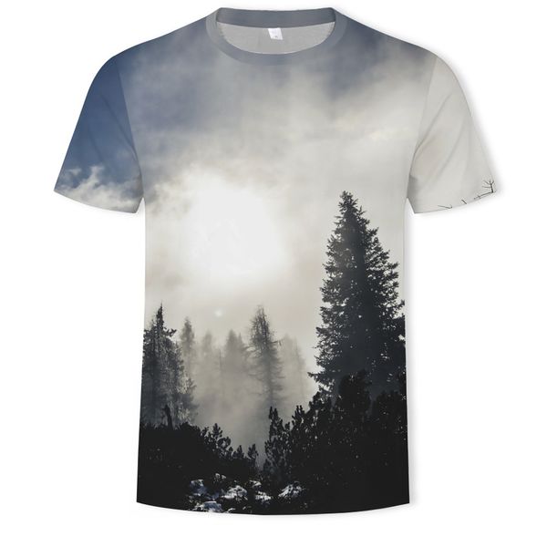 

mens designer landscape digital printing base shirt pullover round neck slim t-shirt, White;black