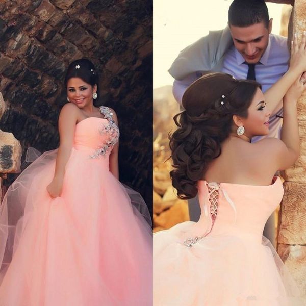 

one shoulder pink ball gown wedding dresses crystals beaded straps tulle floor length new luxury bridal gowns custom size, White