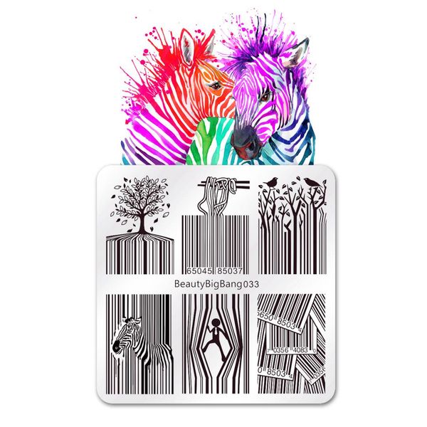 

beautybigbang stamping plates fashion bar code zebra lines striped tree leaf printing image nail art mold stencil template 033, White