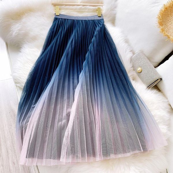 

2020 good quality women high waist pleated long skirt bohemian two layer gradient color summer mesh skirt faldas jupe femme saia, Black