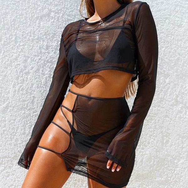 

sheer mesh club 2 two pieces sets women summer outfits see through long sleeve crop +bodycon party mini skirt, White