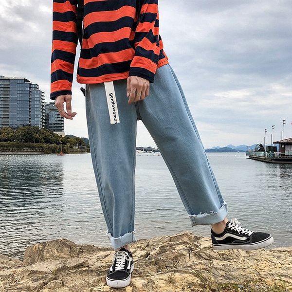

autumn new jeans men fashion washed casual straight denim pants man streetwear wild hip hop loose trousers male clothes, Blue