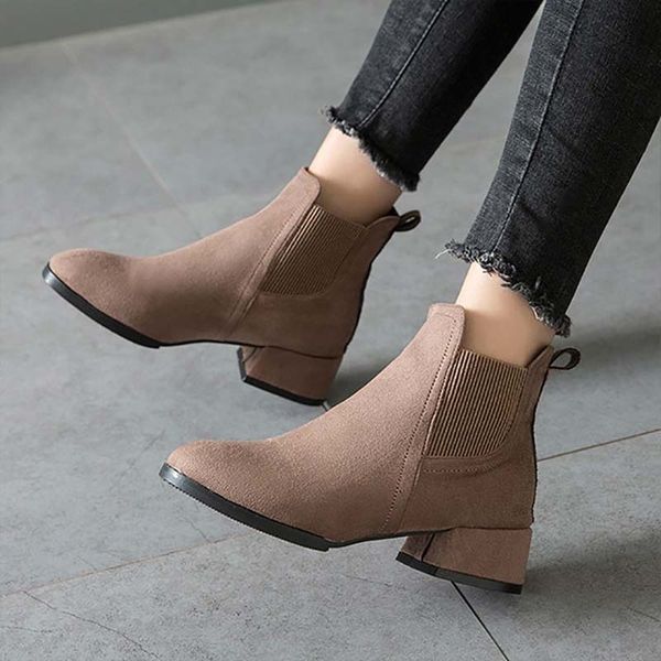 

women autumn winter flock ankle boots slip-on round toe 3.5cm square heel solid casual black/camel booties size 35-41 t19