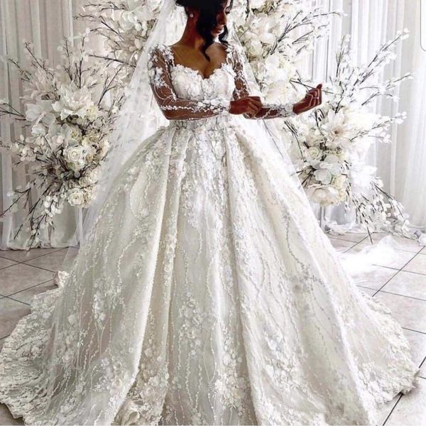 

ball gown wedding dresses 2020 sweetheart neckline hand made flowers 3d flowers long sleeve puffy floor length bridal dresses, White