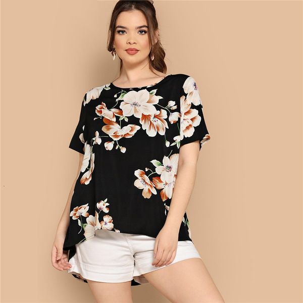 

woman black blouse black boho floral print asymmetrical hem short sleeve women plus size 2019 bohemian summer vacation blouse, White