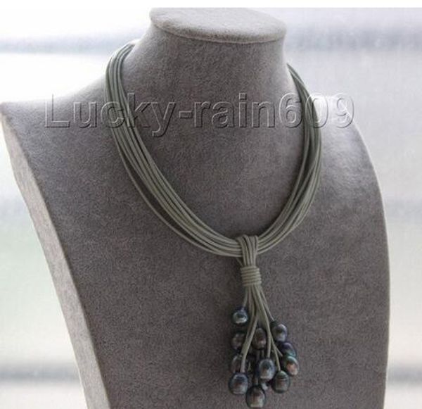 

16 "15row 12mm black pearls gray leather magnet clasp necklace, Silver
