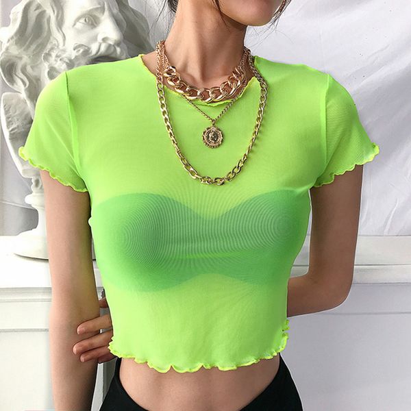 

сетка tops женщина sexy сплошной цвет слоеного рукав прозрачный женщины t shirt short fluorescent женский топ o шеи летняя мода femme p6, White