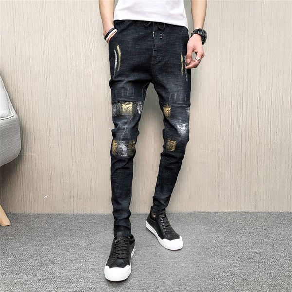

fashion mens hi-street harem pants joggers urban style hip hop elastic patchwork pockets trousers cuffed joggers pants for male, Black