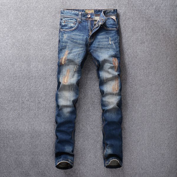 

fashion streetwear men jeans blue color retro wash slim fit embroidery ripped jeans men patchwork hip hop pants vintage