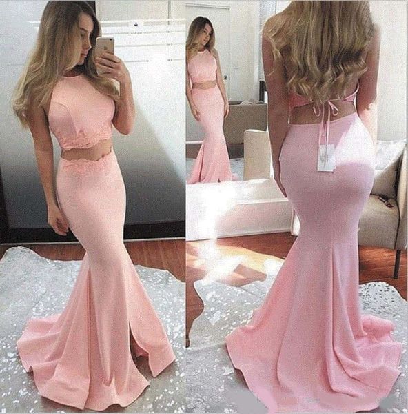 

pink two piece mermaid prom dresses long jewle neck floor length satin formal dresses evening gowns dresses ogstuff robe de soiree, Black