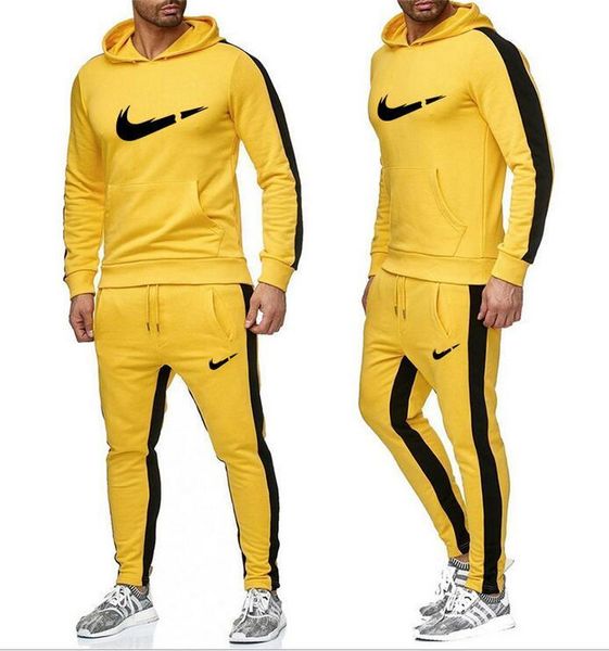 

new designers tracksuit men new brand autumn winter hooded sweatshirt +drawstring pants male stripe patchwork hoodies suit, Gray