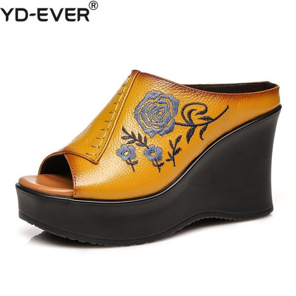 

2020 genuine leather women slippers 9cm high heels wedges summer shoes platform retro handmade women leather slipper, Black
