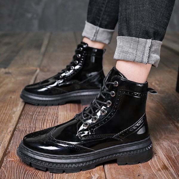 

mens casual punk motorcycle dress patent leather boots lace-up black platform shoes gentleman brogue ankle boot bullock oxfords