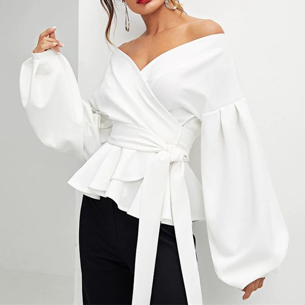 

women blouse elegant lantern sleeve surplice peplum off the shoulder white office solid autumn lady and blouses
