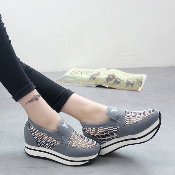 

women casual shoes height increasing slip on mesh breathable women walking flats trainers shoes platform, Black;white