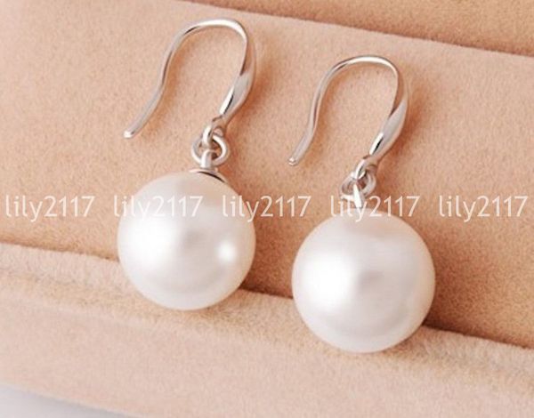 

natural 8mm white freshwater shell pearl round 925 silver dangle hook earrings