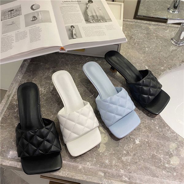 

new fashion women outdoor slippers block high heel sandals slides elegant square toe slip on mules shoes stiletto heel slides, Black