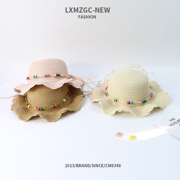 

spring and summer new style children's straw hat baby outdoor sunshade sun-resistant sun hat colorful beads wave lace big brim b, Yellow