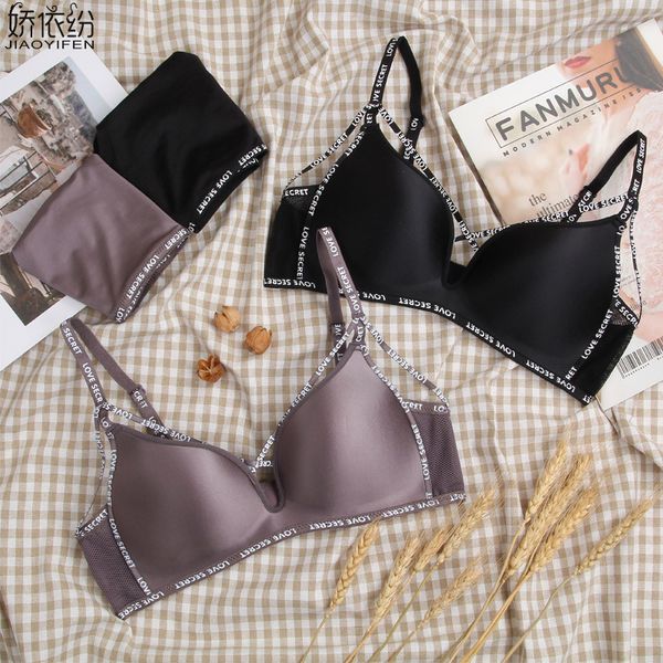 

quality goods seamless glossy letter straps bra set women hollow underwear thin deep v young girl unlined push up bra sets, Red;black