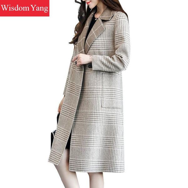 

elegant grey plaid winter coat xlong sheep wool casual korean coats women 2018 female button woolen overcoat slim lady outerwear, Black