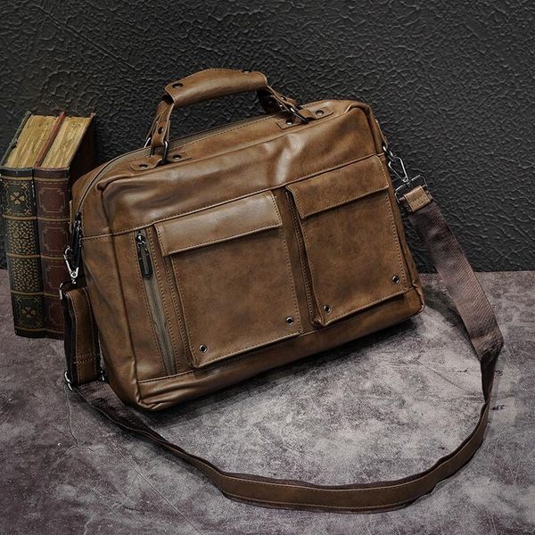 

wholesale men handbag crazy horse leather handbag retro leather briefcase horizontal pockets decorated men messenger bag