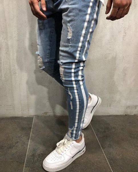 

side striped blue ripped denim long trousers pants distressed washed biker cool slim jeans mens high street pants
