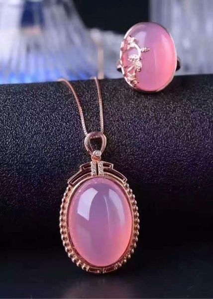

natural pink chalcedony gem jewelry sets natural gemstone ring pendant 925 silver classic big luxurious round women fine jewelry, Black
