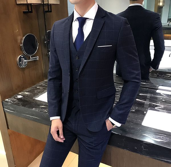 

costume homme slim solid color plaid 3-pieces sets male business casual dress wedding suits for men 2019 fashion design, White;black
