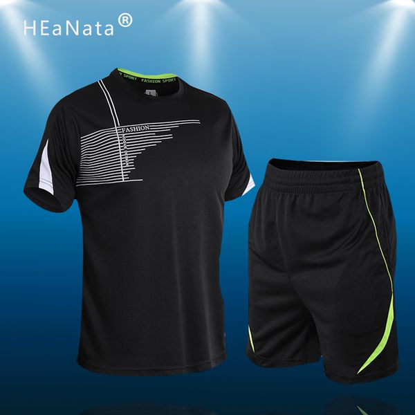 

men's summer running shorts jersey set compression jogging quick dry sport t shirt running suit loose sportswear gym clothes, Black;blue