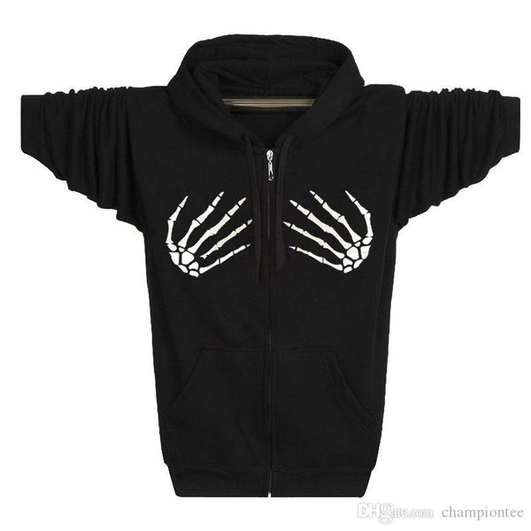 

марка zip hoodie мода скелет мужской ладони печать hoodie осень ватка пальто череп толстовка s-xxl, Black