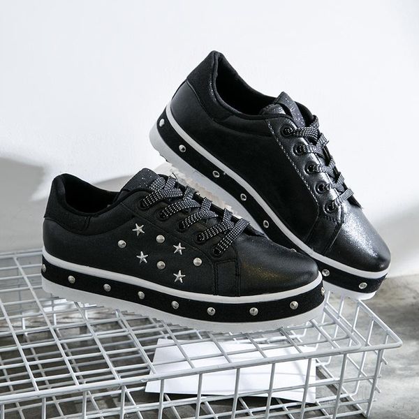 

spring and summer new thick bottom small white shoes women's upper bright button women's shoes lace up bright button girth casual, Black