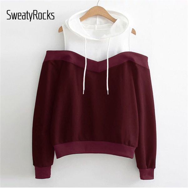 

sweatyrocks athleisure cold shoulder кулиской толстовка с длинным рукавом пуловер толстовки осень женщины burgundy повседневный толстовка, Black