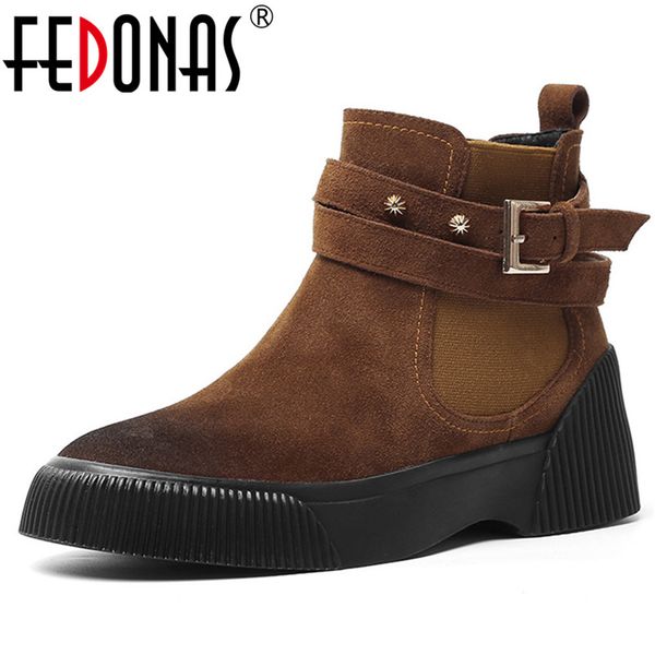 

fedonas female cow suede short boots winter women ankle boots basic office shoes woman buckle rivets height increasing, Black