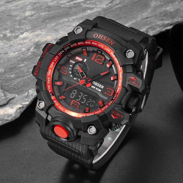 

ohsen digital quartz waterproof men watch red dual time man outdoor sport watch relogio masculino silicone fashion male clock, Slivery;brown