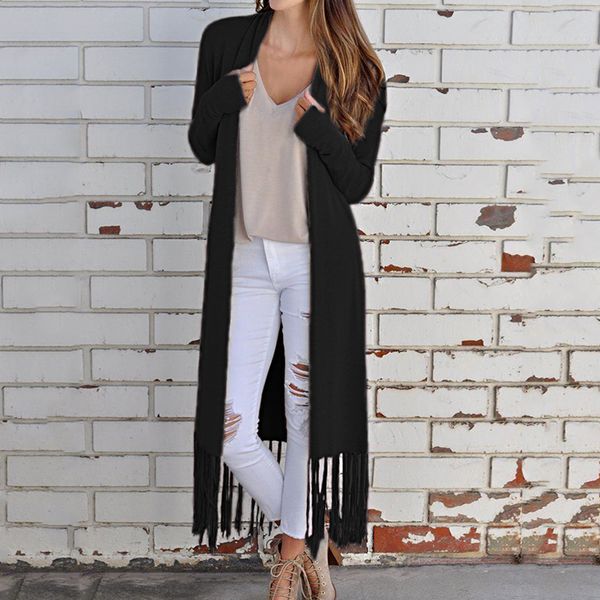 

new women's solid color long coat cloak tassel long sleeve cardigan coat, Tan;black