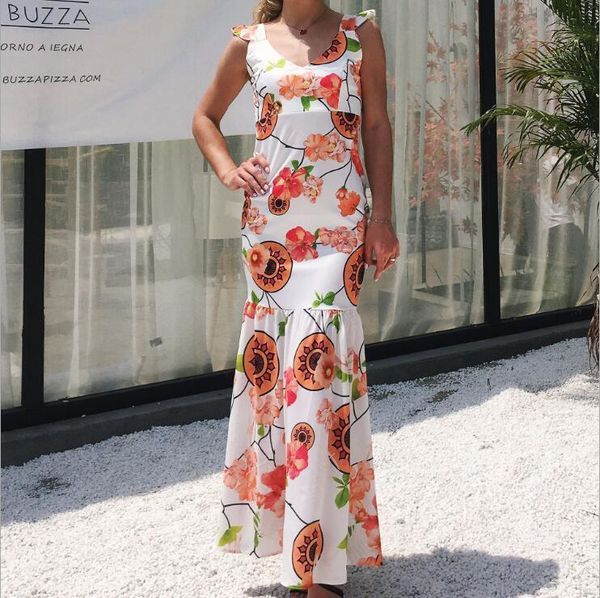 

summer women dress chiffon floral print v-neck sleeveless panelled long dress maxi party boho dresses quality, Black;gray