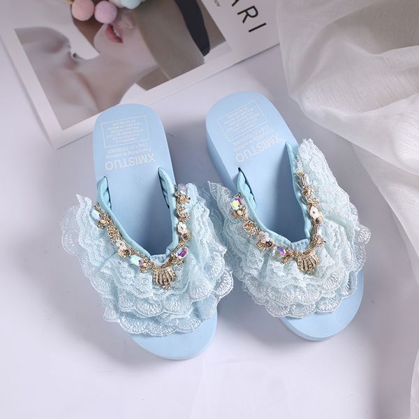 

multi ruffles wedge platform slippers summer women shoes 2020 sweet thick sole flip flops women platform sandals zapatos mujer, Black