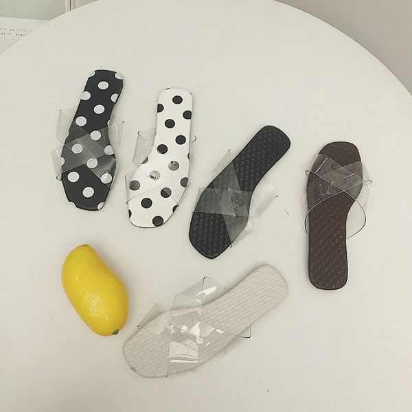 

2019 summer new women's slippers korean version transparent flat bottom casual fashion cute dot women's sandals and slippers, Black