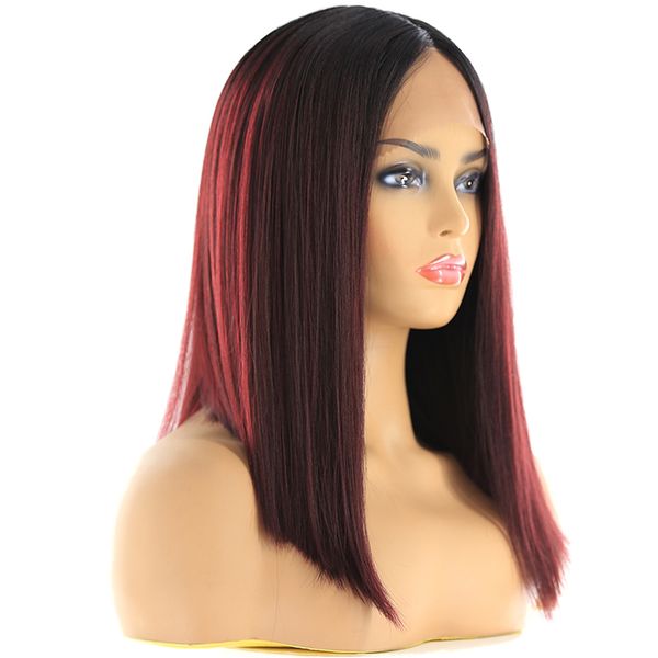 

на продаже краткой 14" straight средней части фронта шнурка парики красного вино черные темно корни ombre боб парики для чернокожих женщин б, Black;brown