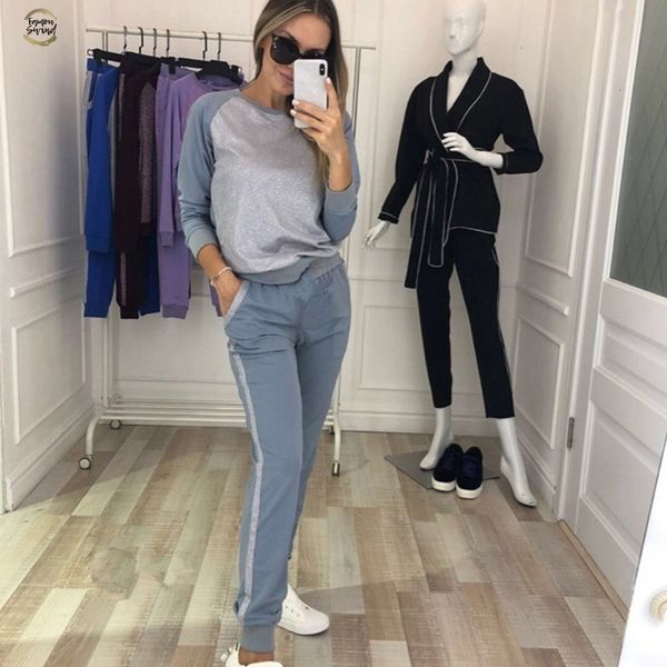 

two women piece pants sports suit shining patchwork tracksuit long sleeve sweatshirt pant 2 piece outfits drop shipping, White