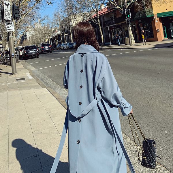 

elegant blue thin trench coats for women manteau femme 2020 back button design long korean loose over knee belt coat outerwear, Tan;black
