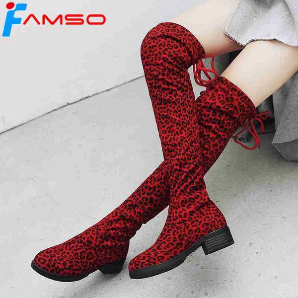 

famso 2018 new arrival women boots black red leopard over the knee boots winter women's designer lace-up fashion snow