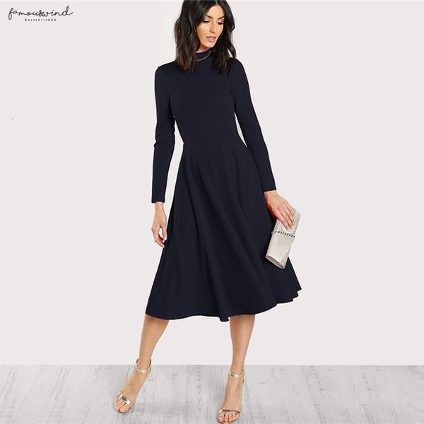 

navy mock elegant fit and flare dress women long sleeve party dresses fall office ladies high waist neck midi dress, Black;gray