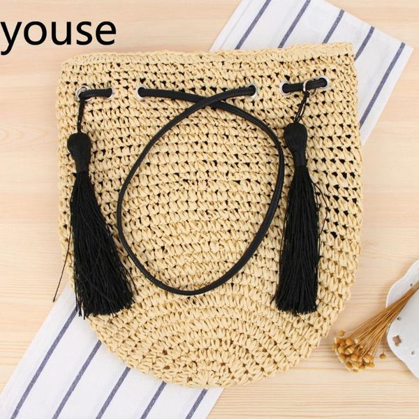 

south korean ins new style changeable fringe one shoulder straw woven bag simple leisure bucket woven beach handbag