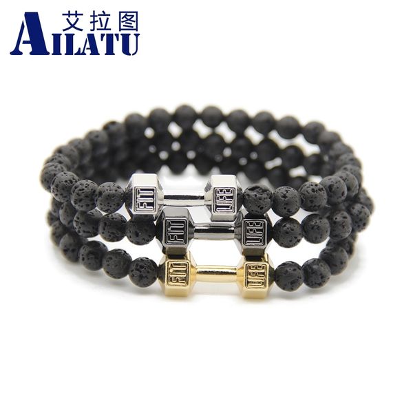 

ailatu 6mm black lava stone beads with mix color alloy metal dumbbell fitness fashion barbell charm bracelets for men's gift, Golden;silver