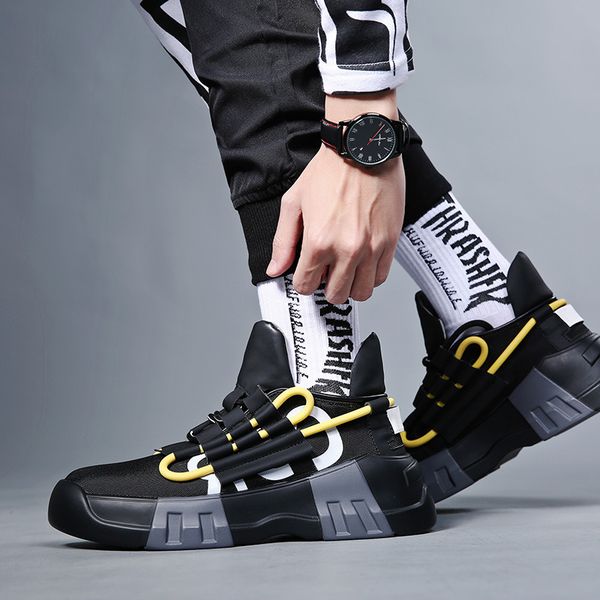 

fashion men's hip hop street dance shoes black high chunky sneakers autumn winter casual leather shoes boys zapatos hombre