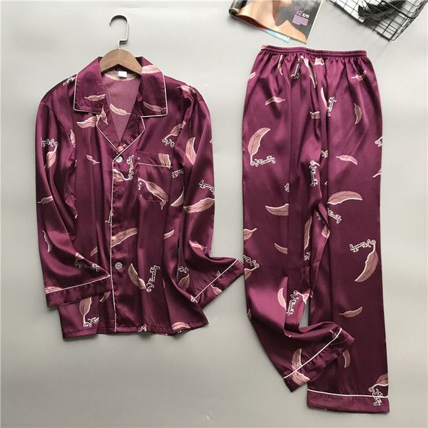 

2019 mens satin silk pajamas sets long sleeve men turn down collar pijama male sleepwear printing pants suit nightwear homewear, Black;brown