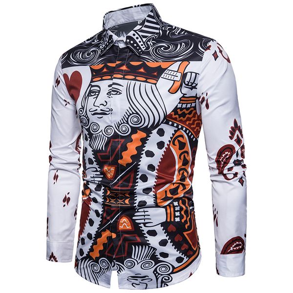 

mens formal business shirts 3d playing card printed casual slim long sleeve dresse shirts camisa masculina casual funny shirts, White;black